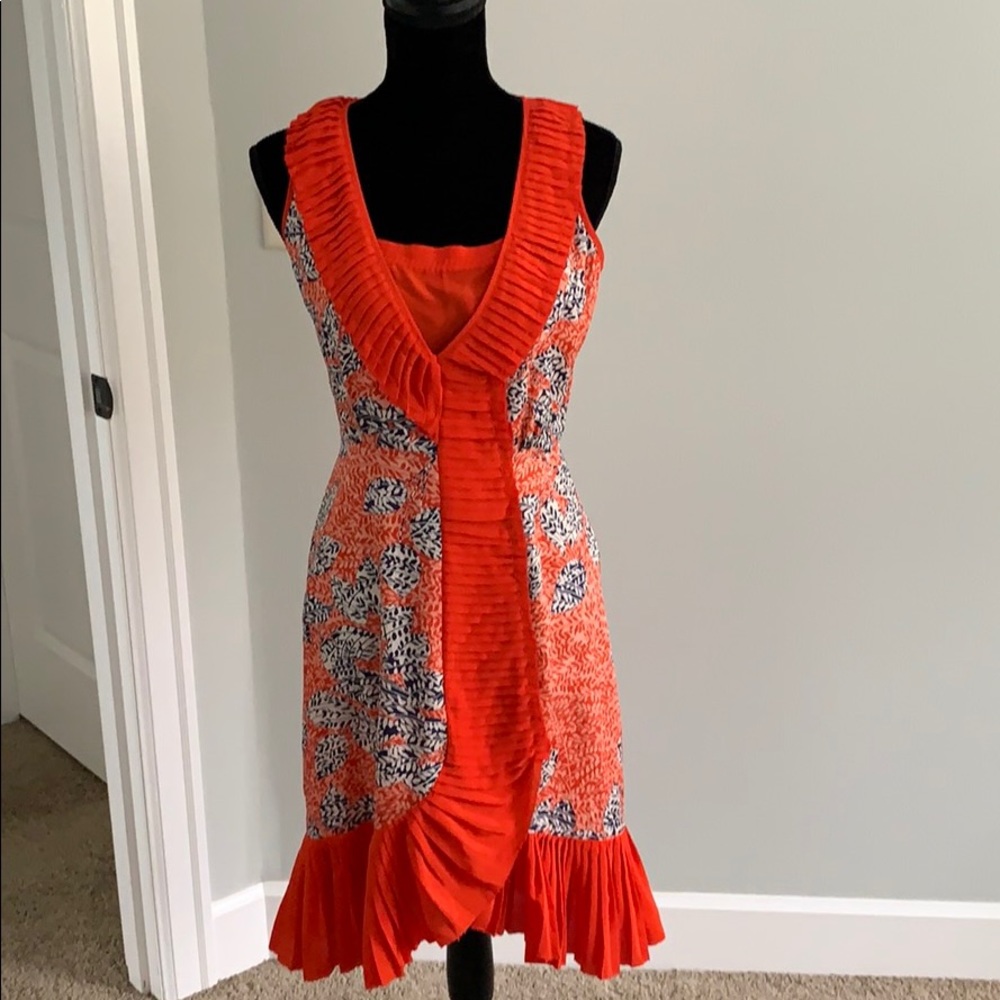 Tory Burch Orange/Blue Silk Pleated Dress